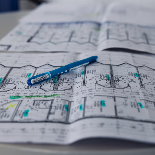 Ein blauer Stift liegt auf einem Architekturplan mit hervorgehobenen Bereichen.